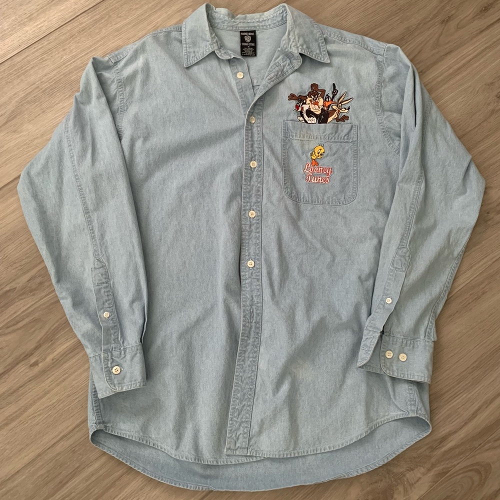 Embroidered Looney Tunes Large Blue Taz Tweety Bird Button Up Casual Mens 90s